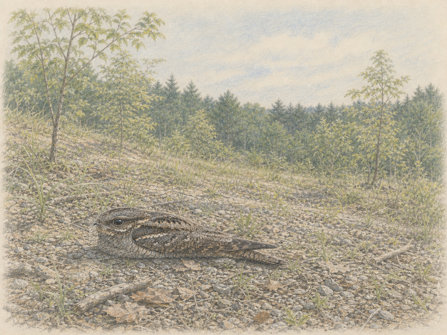 若い林と草地と礫地が続くヨタカの生息環境の色鉛筆画