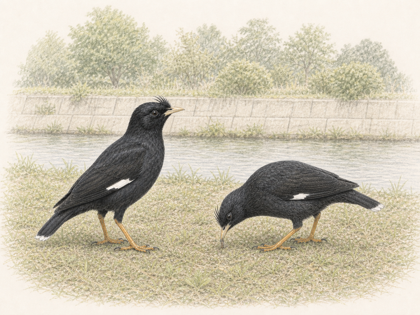 日本の都市河川沿いで採食するハッカチョウ2羽の色鉛筆画