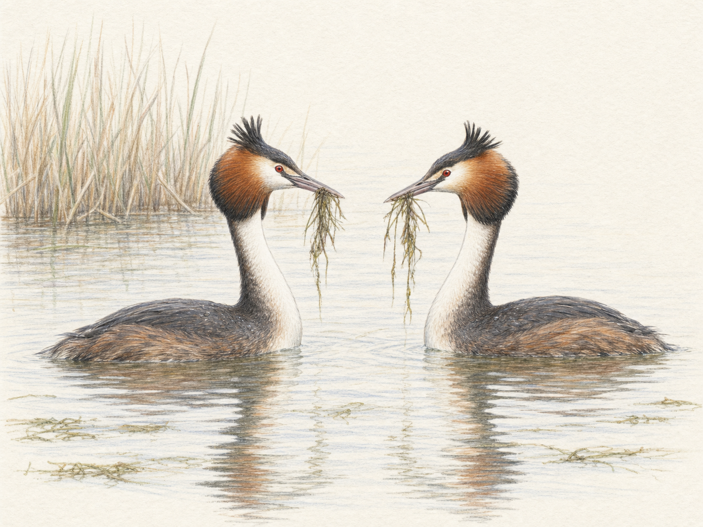 水草をくわえて求愛ダンスをするカンムリカイツブリの色鉛筆画