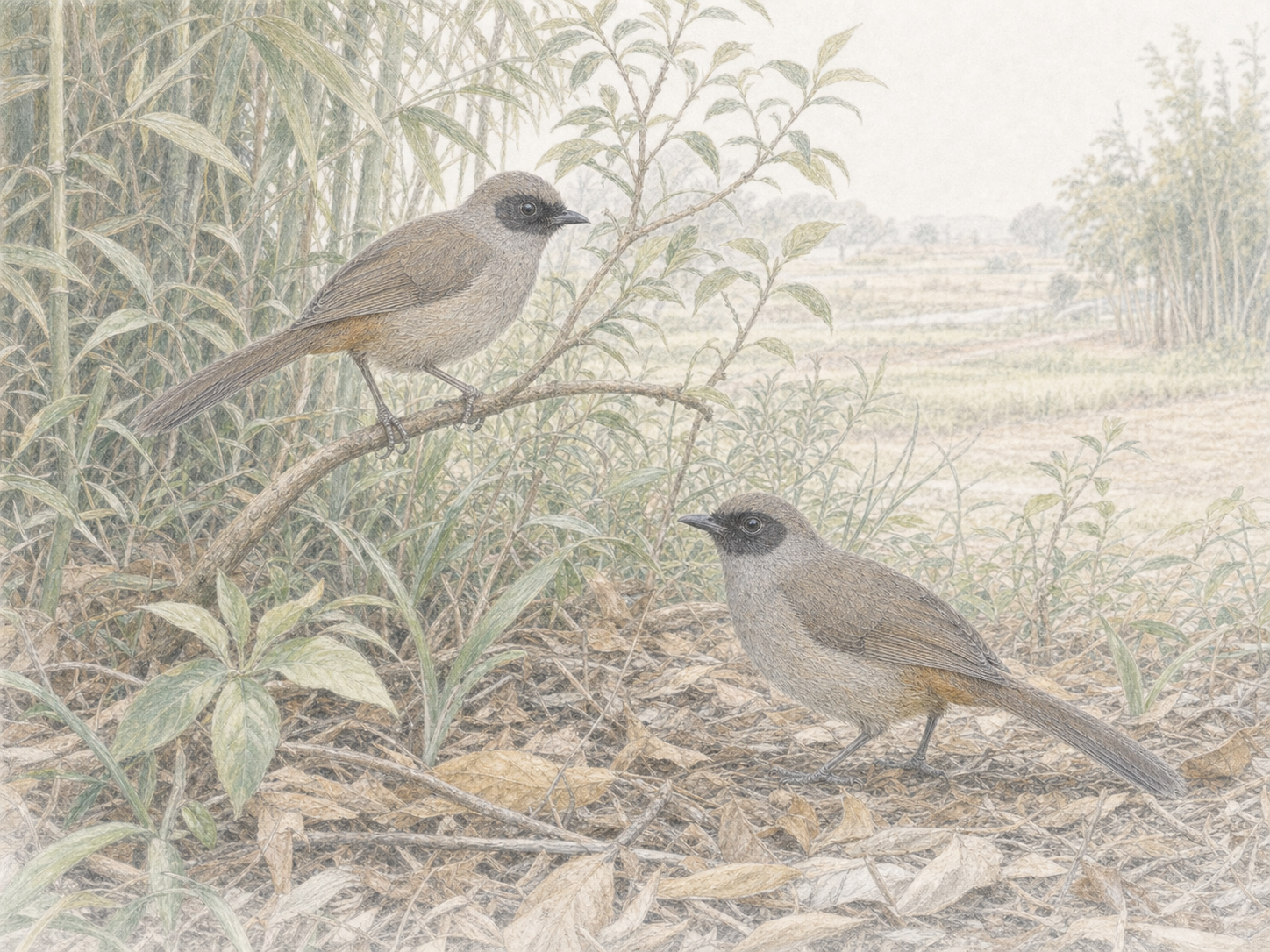カオグロガビチョウの生息地|低木林・竹林・農地の縁