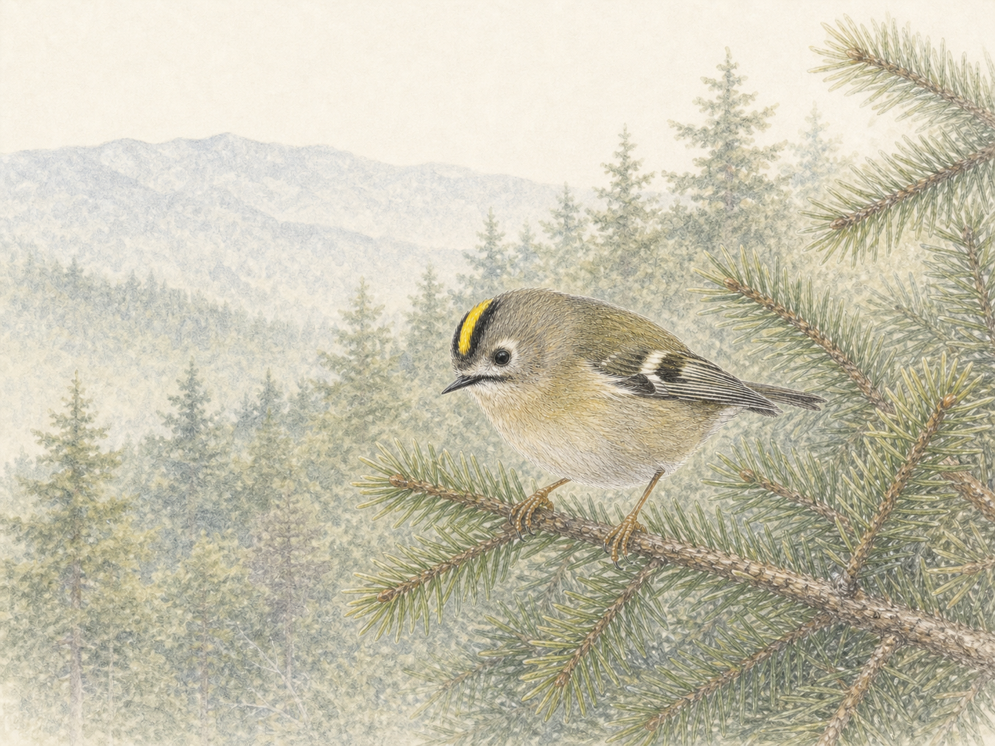 日本の山地の針葉樹林にいるキクイタダキの色鉛筆画