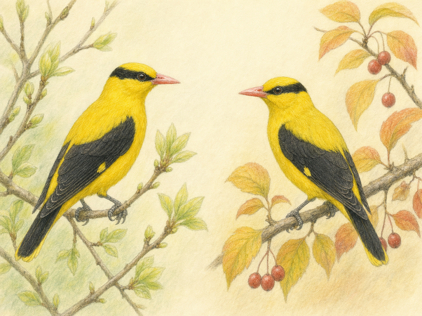 春の若葉と秋の実の枝にとまるコウライウグイス2羽の季節イラスト