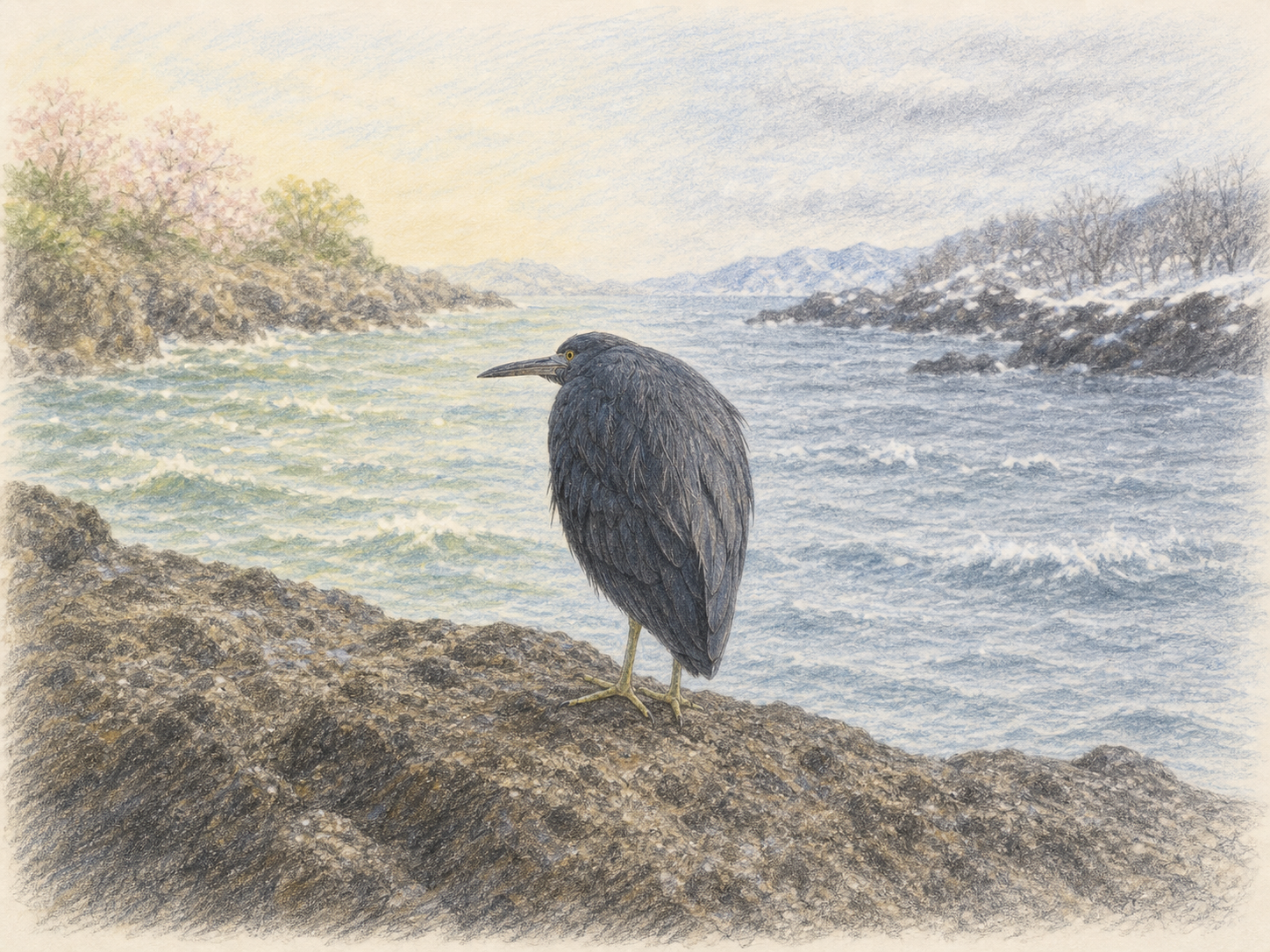 クロサギが一年を通して暮らす岩礁海岸を描いた図鑑風イラスト
