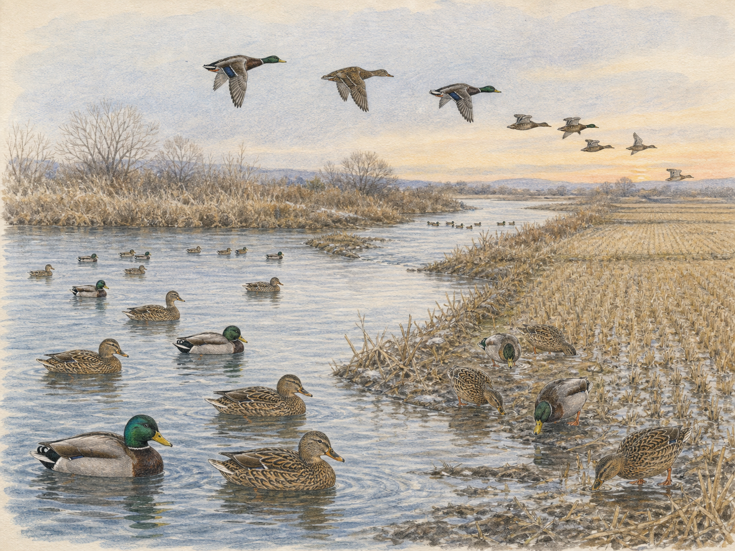 冬の川や水田を利用するマガモの群れと飛翔を描いた色鉛筆画