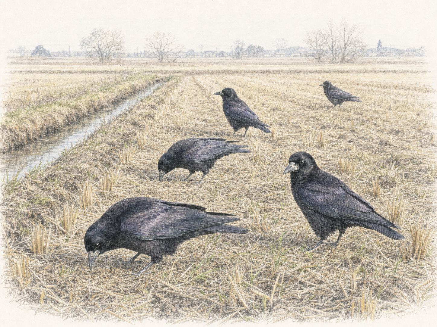 冬の田んぼと農耕地で過ごすミヤマガラスの群れの色鉛筆画