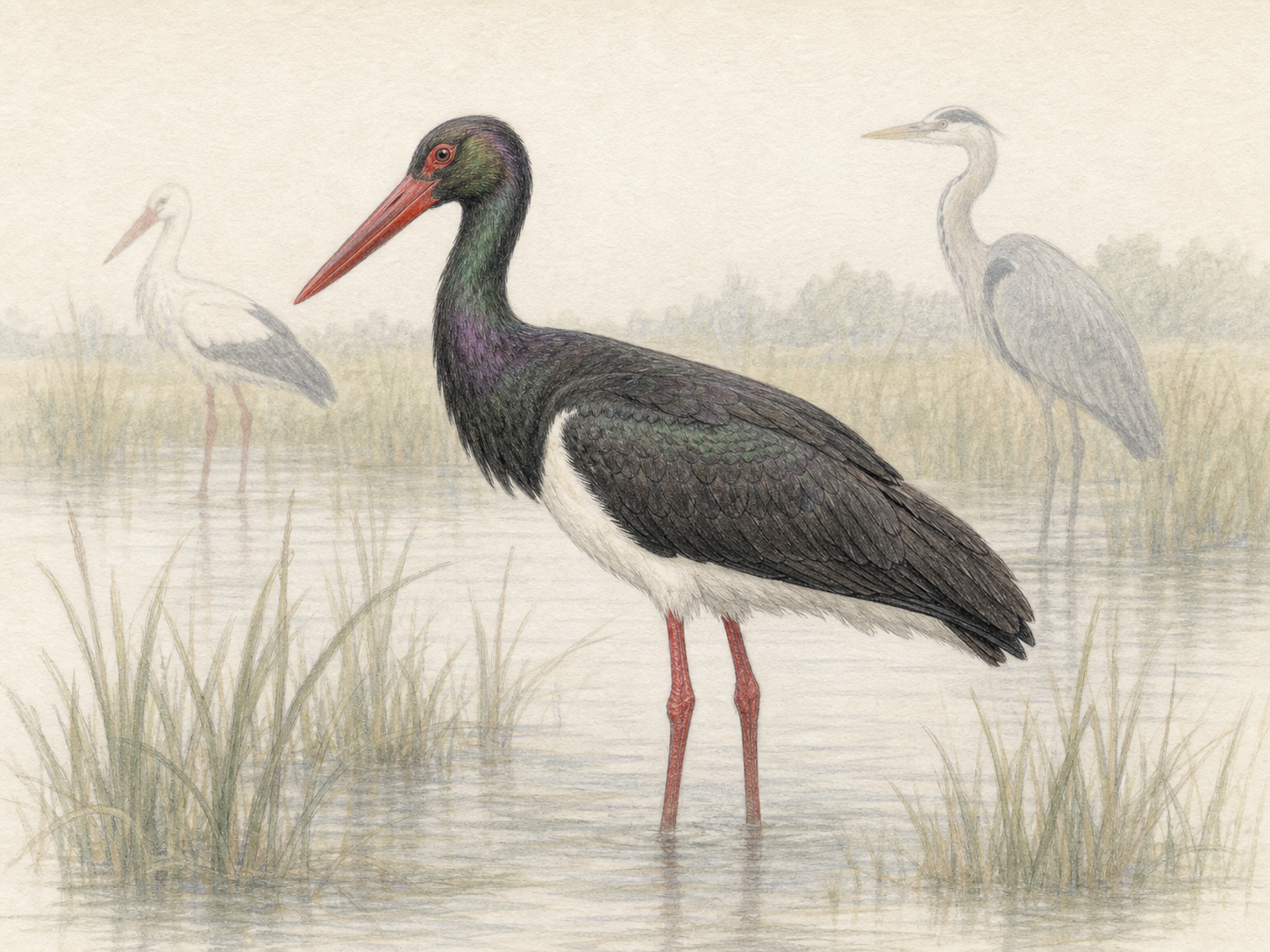 ナベコウとコウノトリやサギ類の見分け方を示す比較イラスト