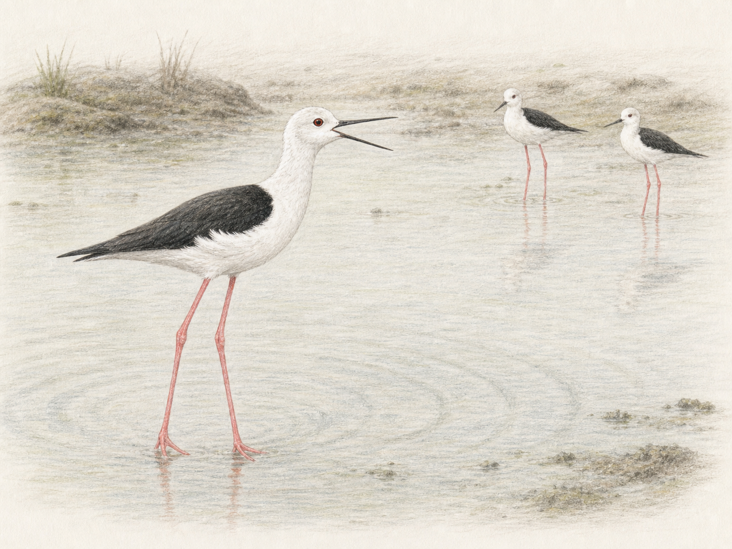 浅い水辺でくちばしを開いて鳴くセイタカシギの色鉛筆画