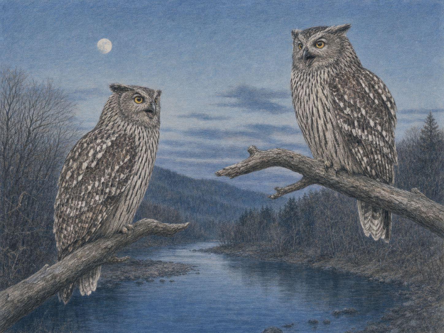 夕暮れの川辺で低い声を交わすシマフクロウのつがいのイラスト