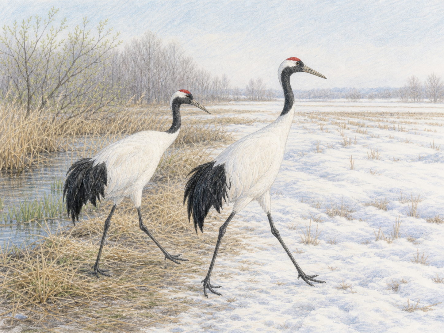 タンチョウの季節移動イラスト 雪の残る湿地から開けた餌場へ歩くタンチョウの季節移動イラスト