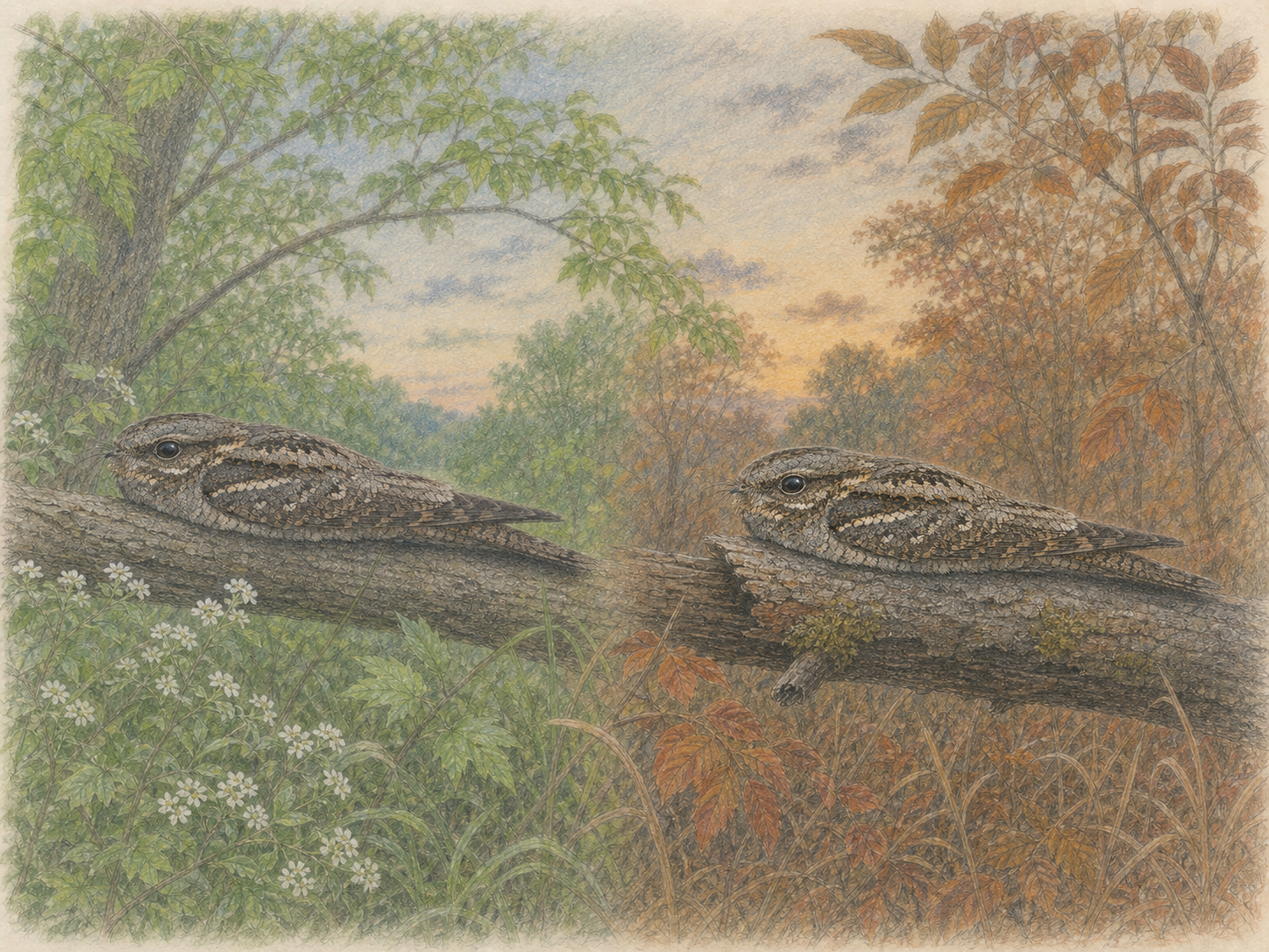 春の新緑と秋の林で休むヨタカの季節を示す色鉛筆画