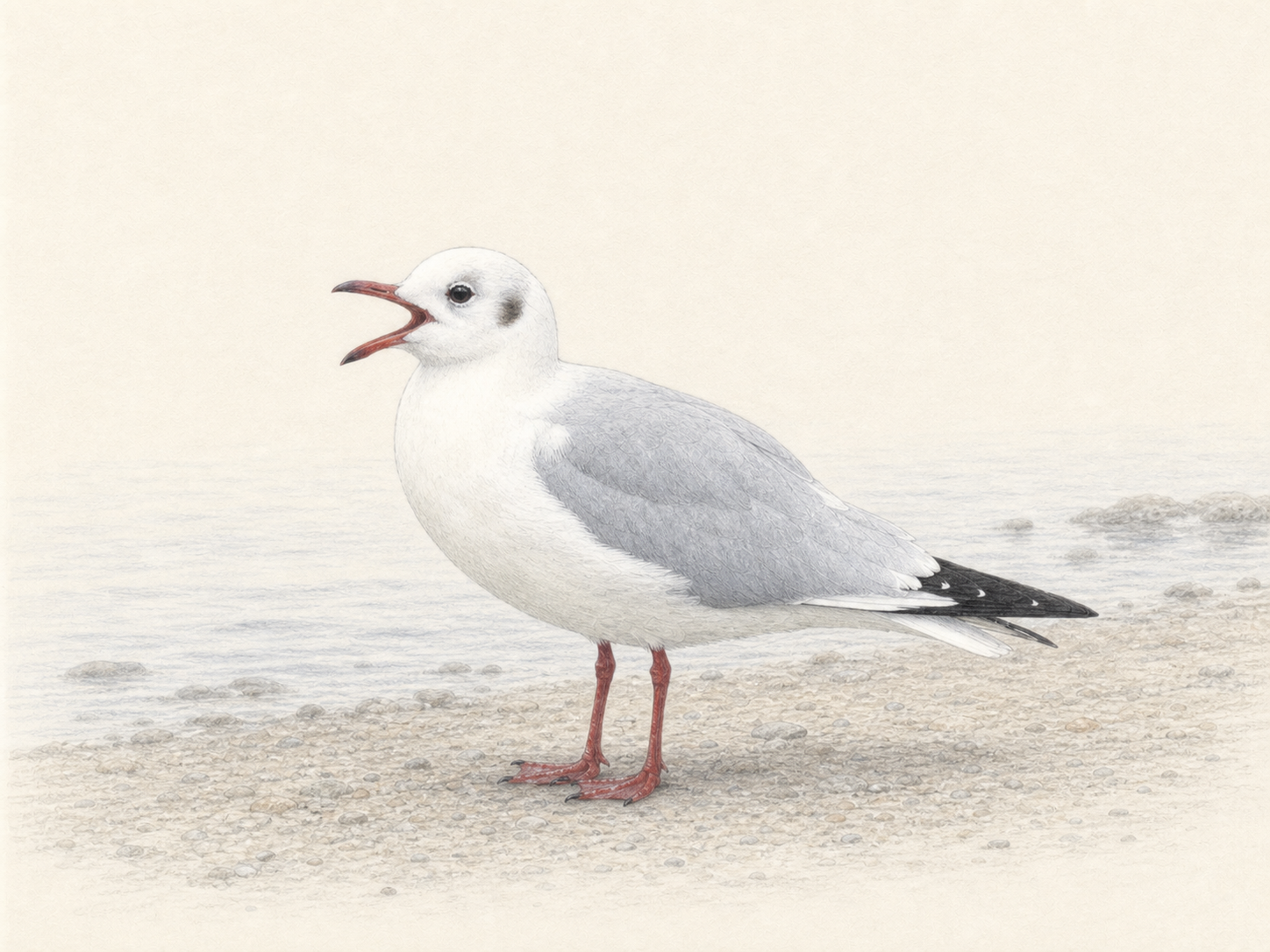 水辺でくちばしを開いて鳴く冬羽のユリカモメを描いた淡い色鉛筆画