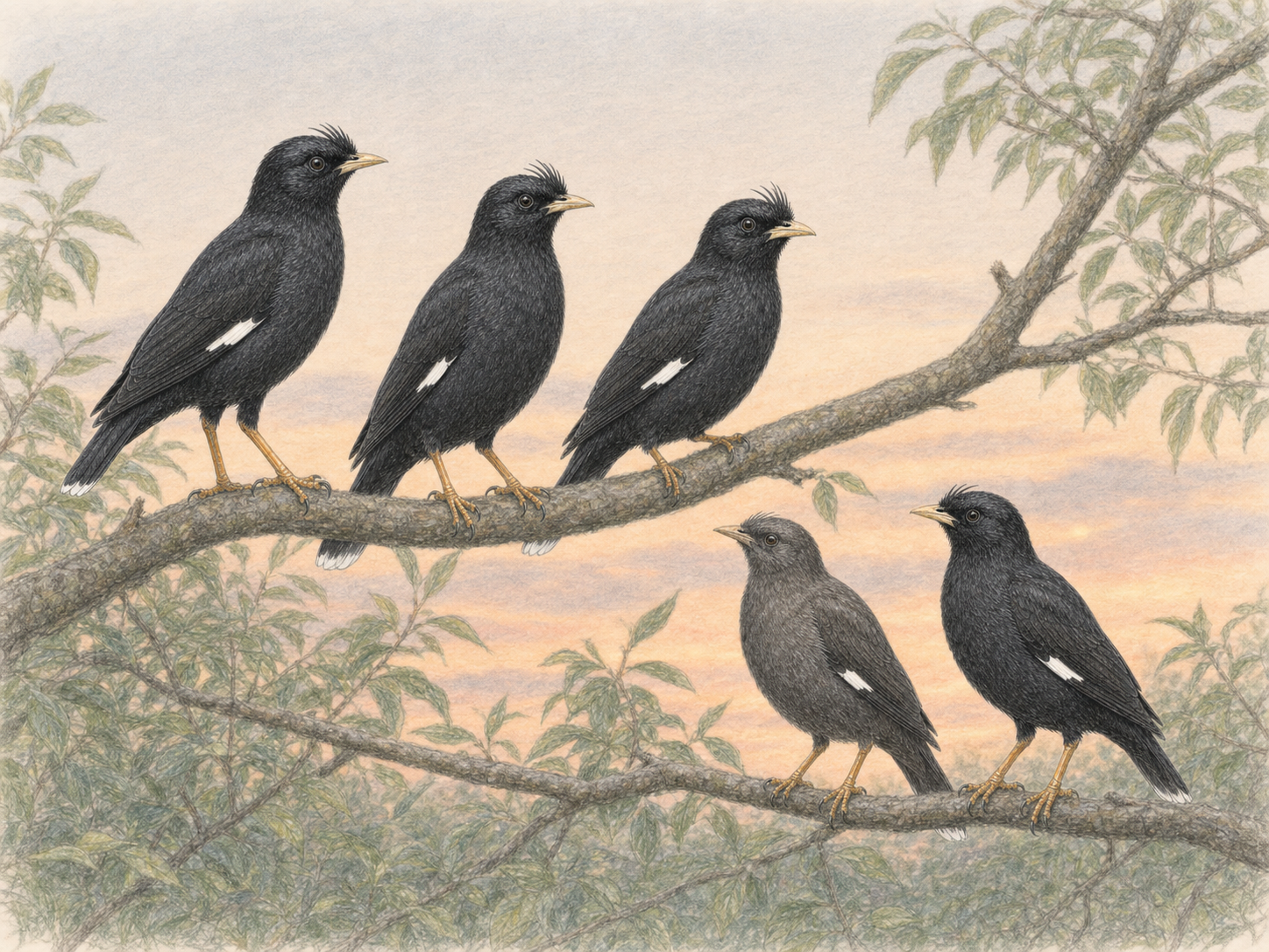 夕方の枝で群れになって休むハッカチョウのイラスト