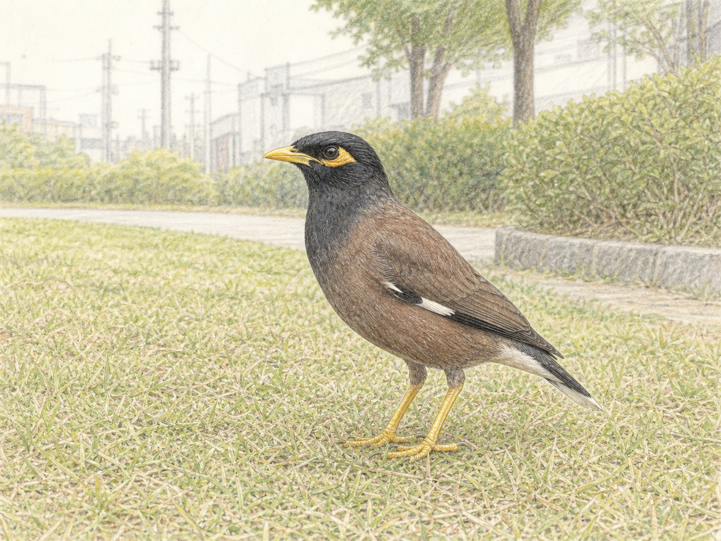 日本の都市公園の芝生に立つインドハッカの図鑑風イラスト