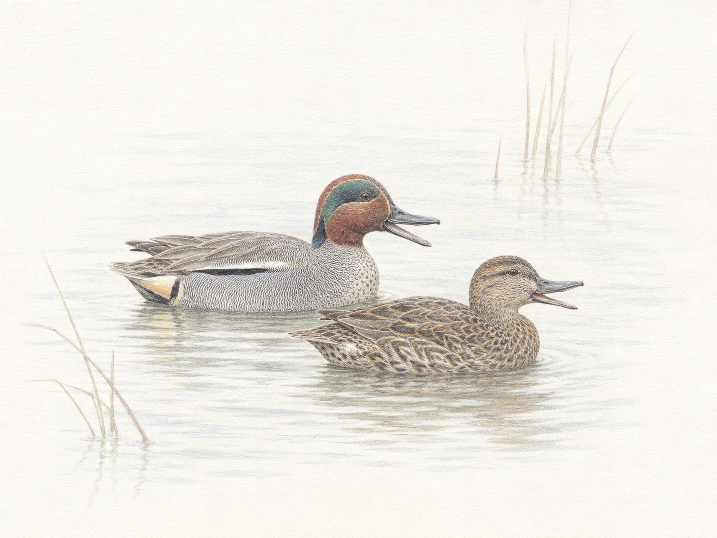 水面で鳴くコガモのオスとメスを描いた色鉛筆画