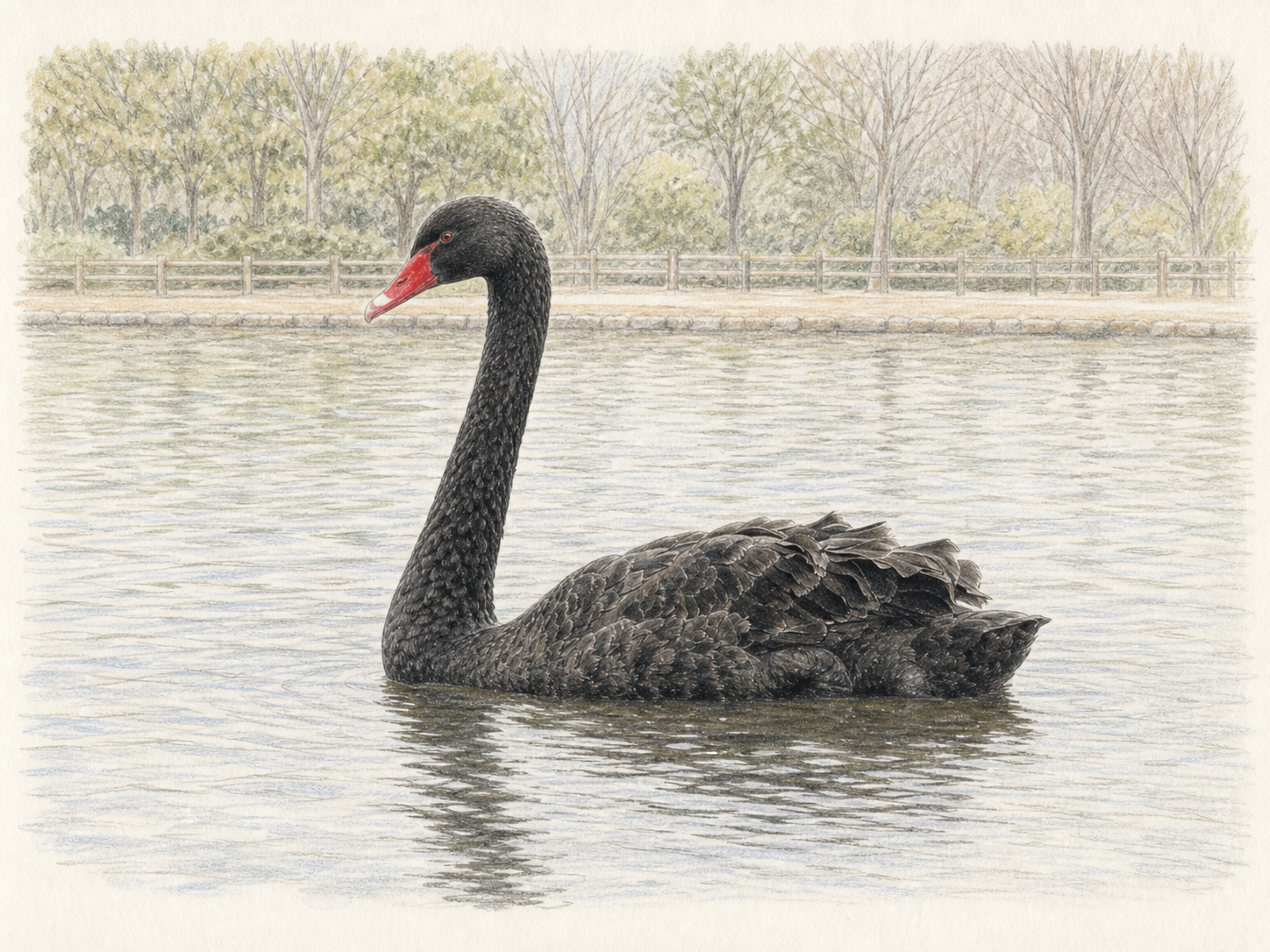 日本の公園の湖を泳ぐコクチョウの成鳥の図鑑風イラスト