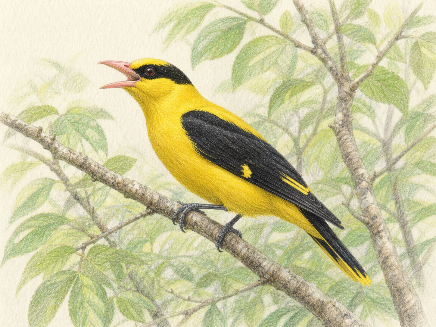 枝でくちばしを開いて鳴くコウライウグイス成鳥オスのイラスト