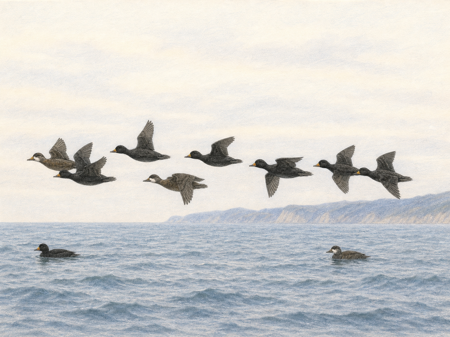 日本の冬の海岸を低く飛ぶクロガモの渡りの群れ