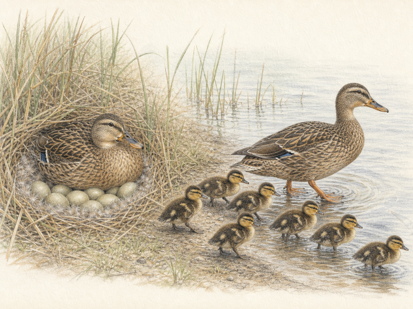 草むらの巣で抱卵するマガモのメスと水辺へ向かうひなの色鉛筆画