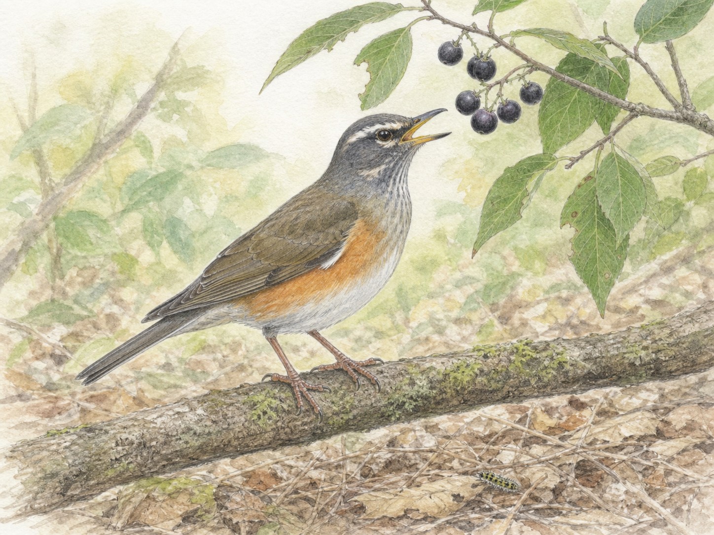 鳴くマミチャジナイと木の実や昆虫を描いた生態イラスト