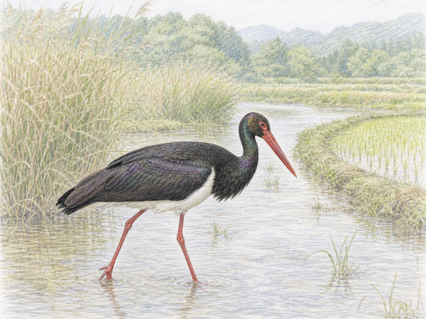 湿地と水田環境を歩くナベコウの生息地イラスト
