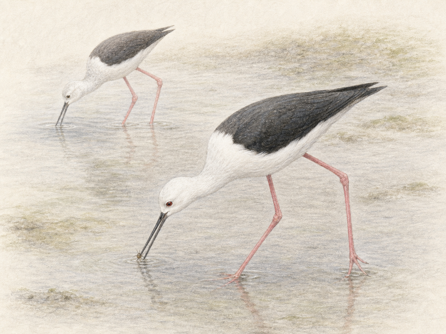浅い水面で水生昆虫をついばむセイタカシギ2羽の図鑑風イラスト
