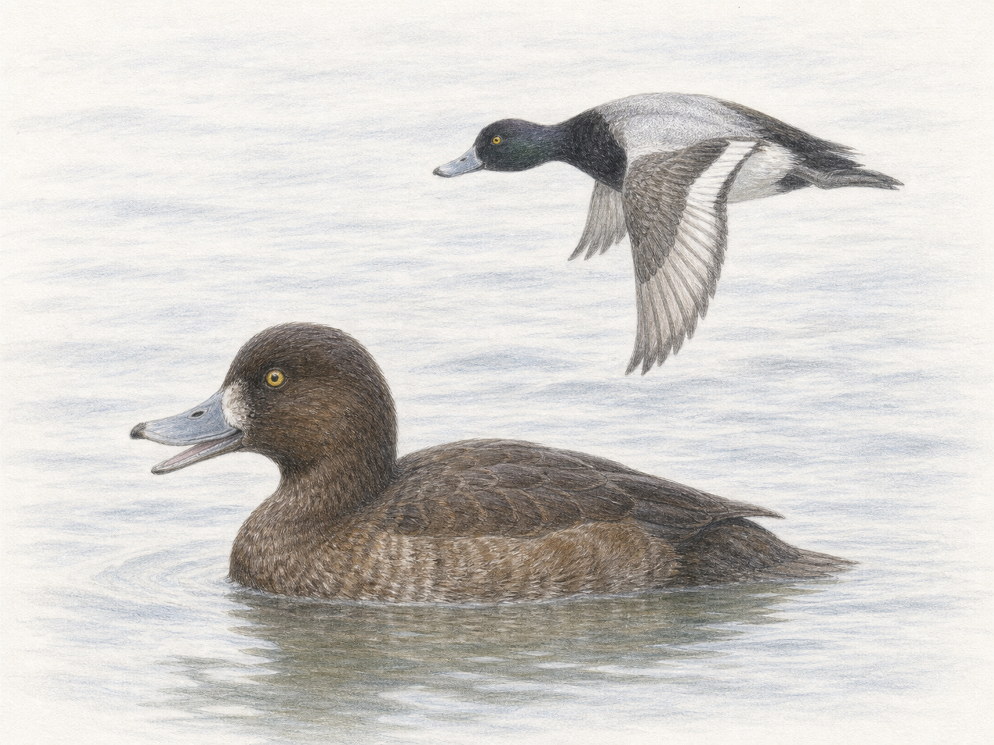 小さく鳴くスズガモのメスと白い翼帯を見せて飛ぶオスの色鉛筆画