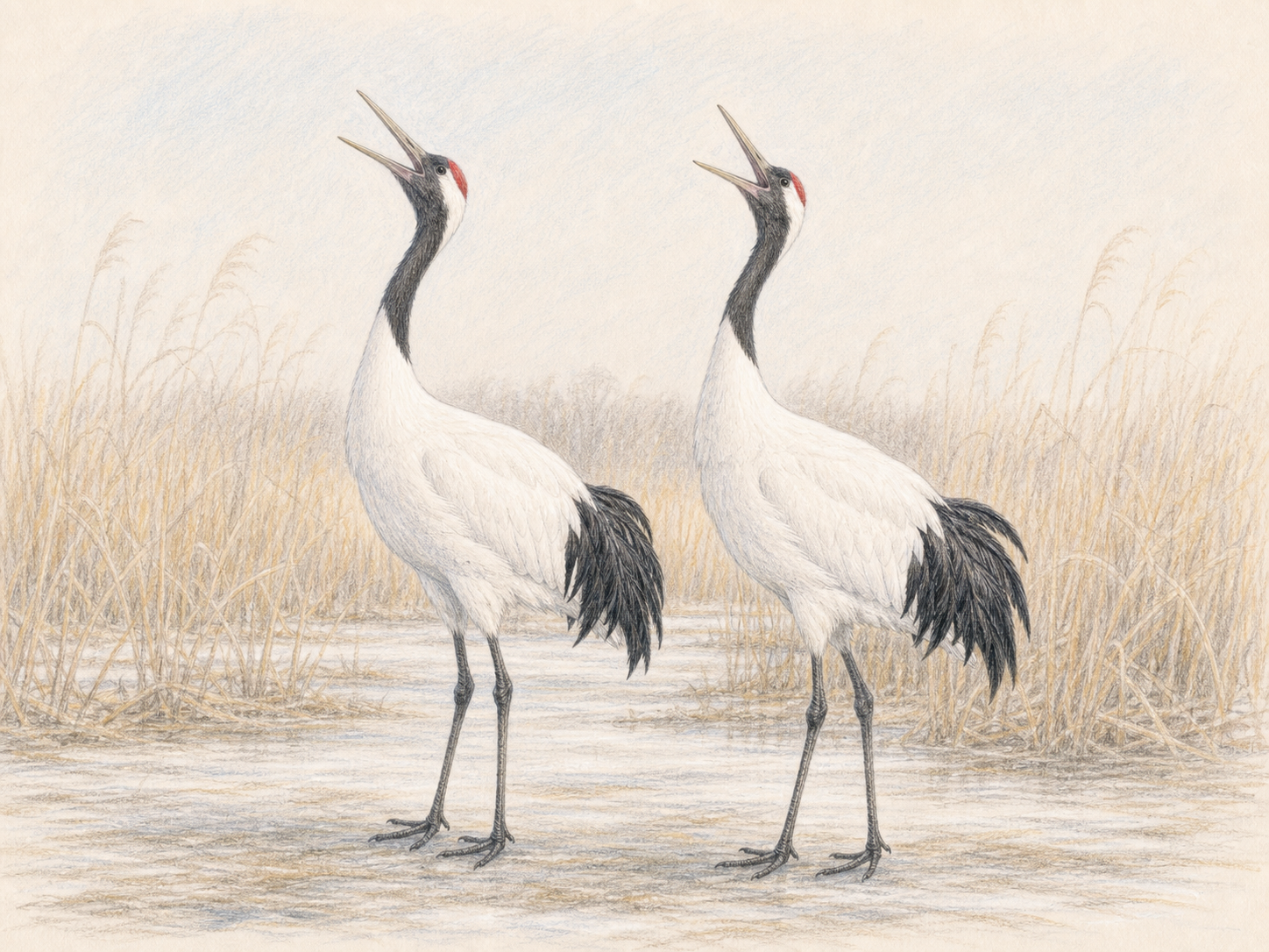 タンチョウの鳴き声とつがいイラスト 首を伸ばして鳴き交わすタンチョウのつがいを描いたイラスト