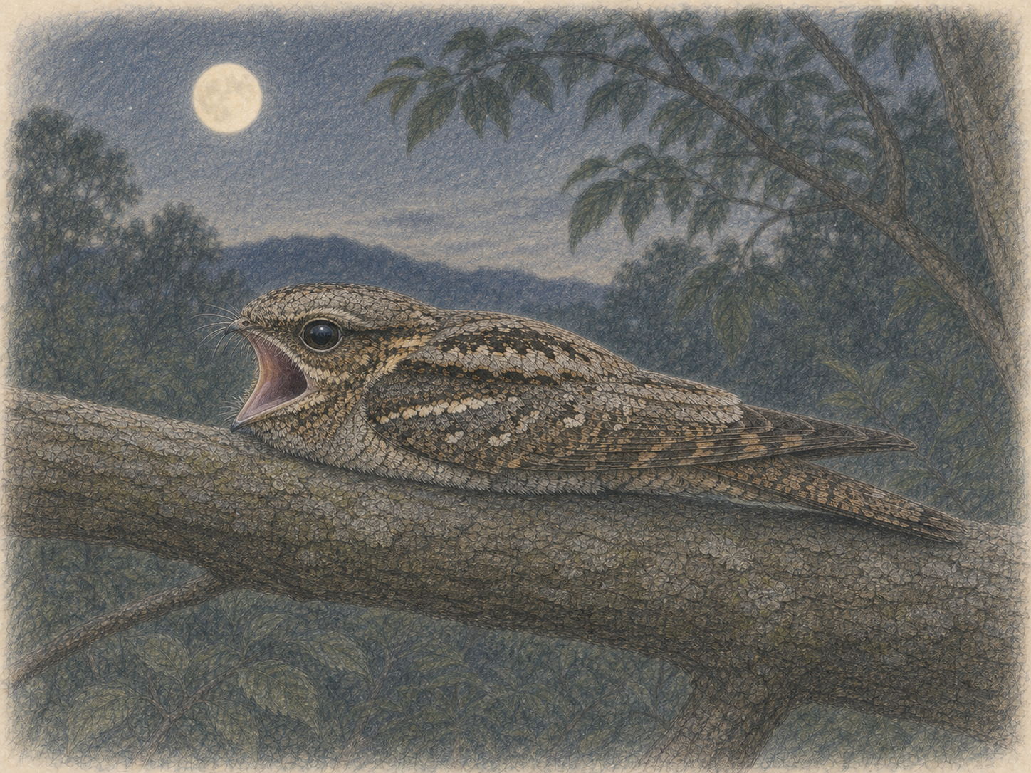 月夜の横枝で大きな口を開いて鳴くヨタカの色鉛筆画