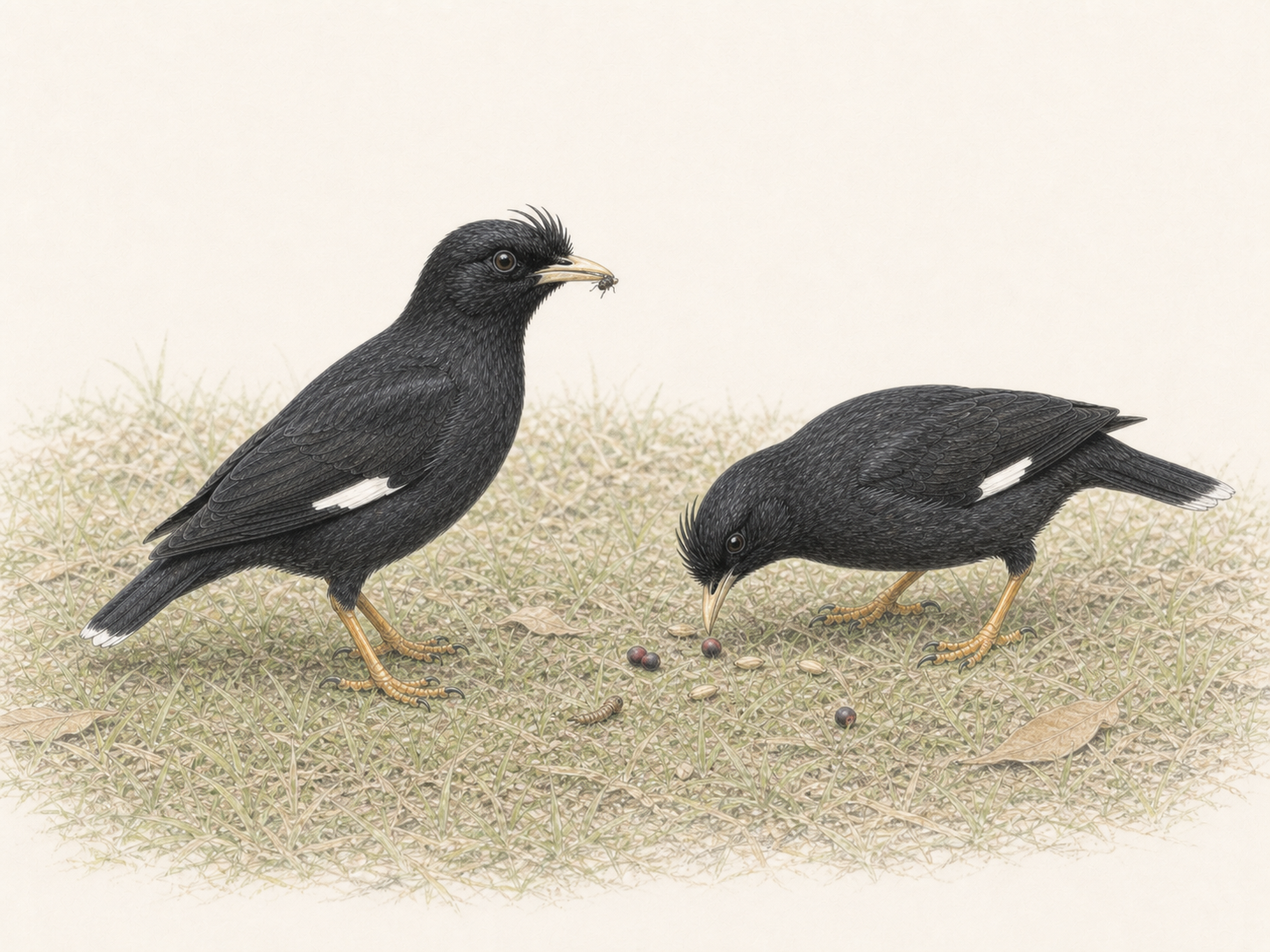 昆虫や果実を地上で探すハッカチョウ2羽の色鉛筆画
