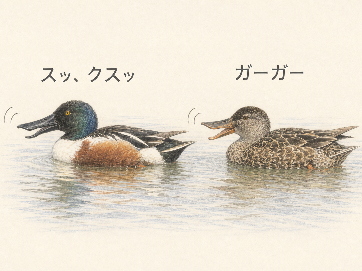 ハシビロガモの鳴き声｜オスはスッ・クスッ、メスはガーガー