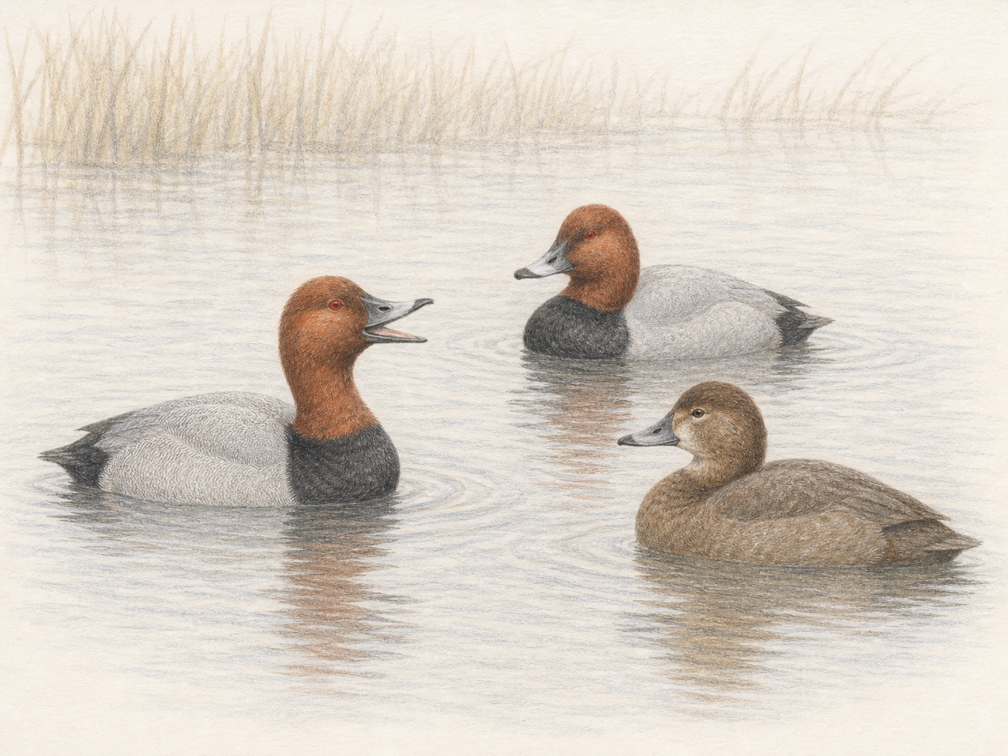 ホシハジロの鳴き声と行動|水上で鳴くオスとメス