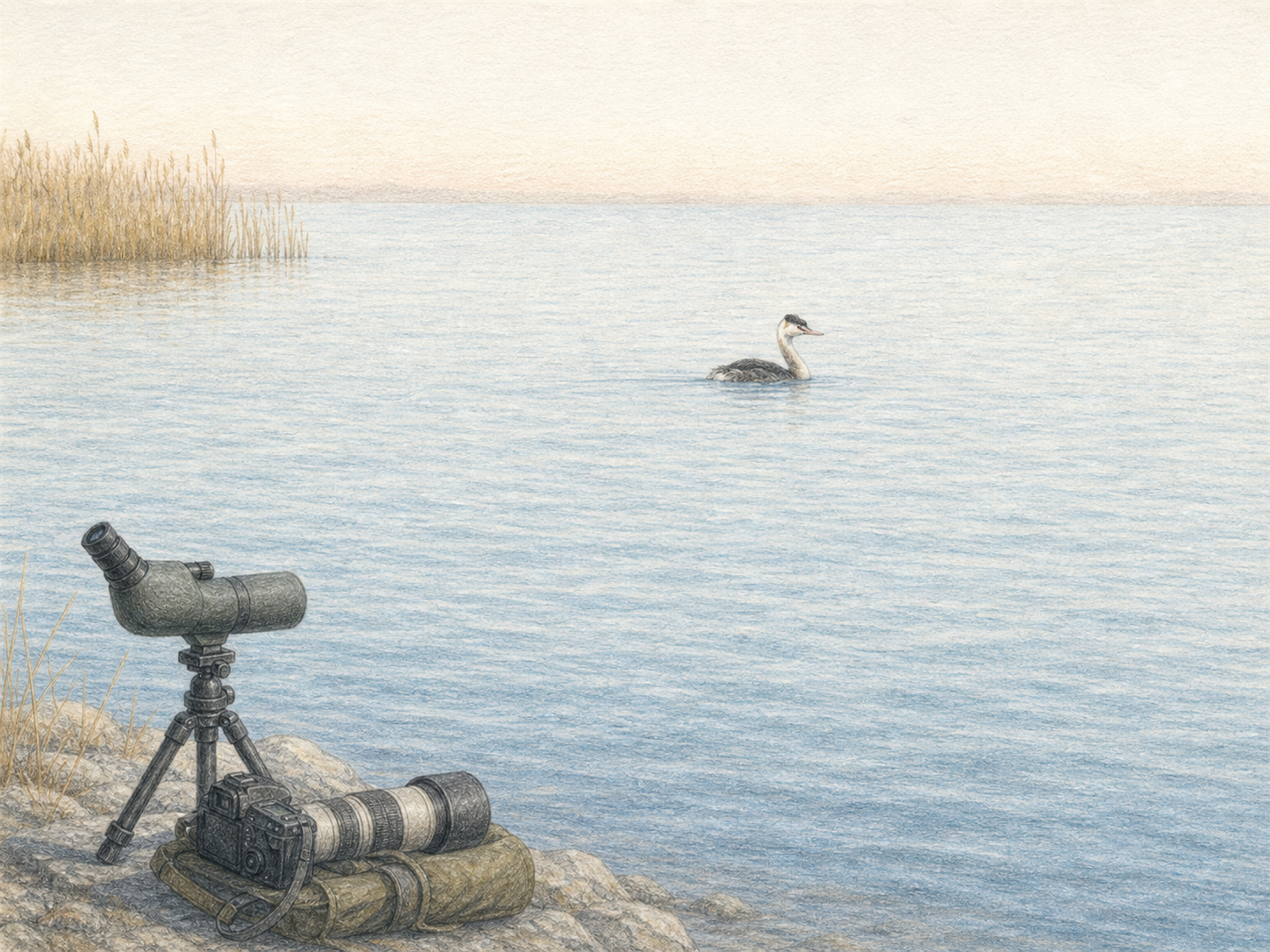 湖でカンムリカイツブリを望遠鏡とカメラで観察する色鉛筆画