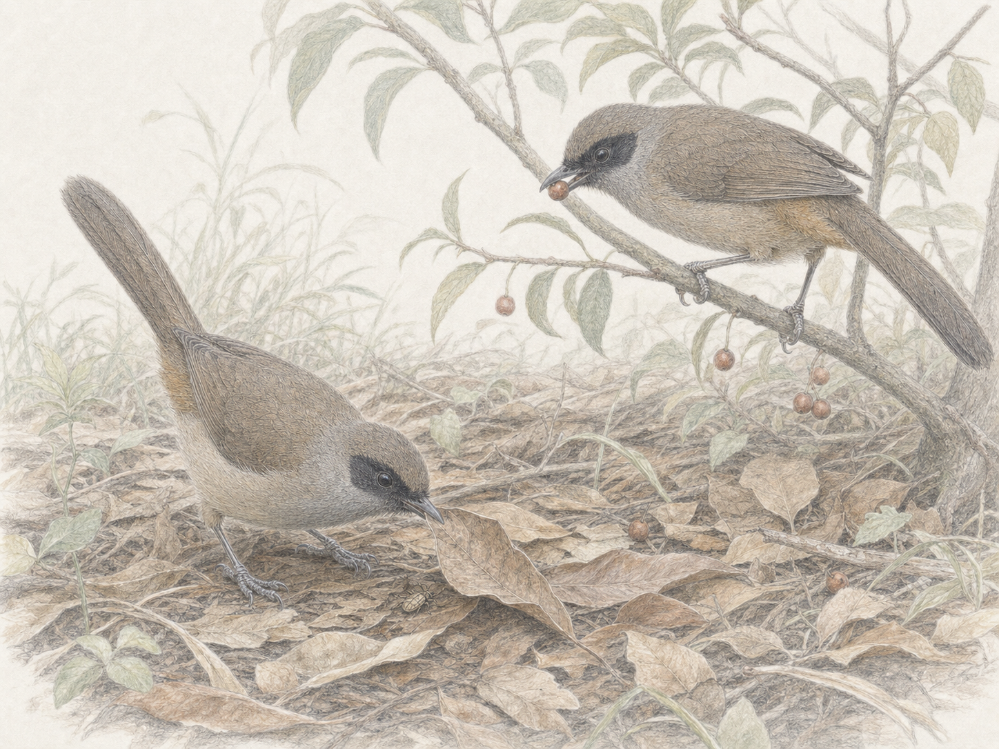 カオグロガビチョウの食べ物|果実と昆虫を採食する姿