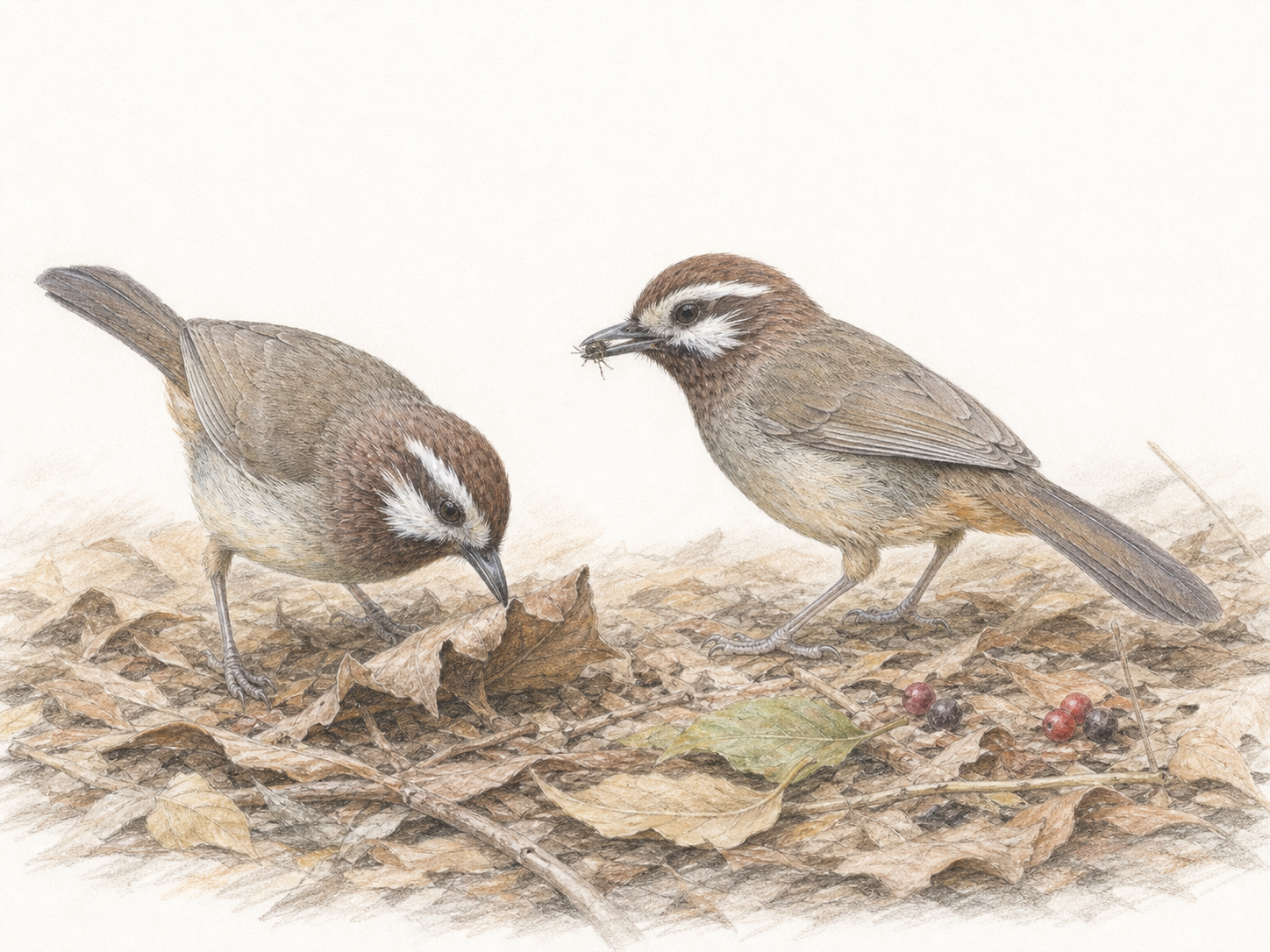 カオジロガビチョウの食べ物|昆虫や木の実を探す姿