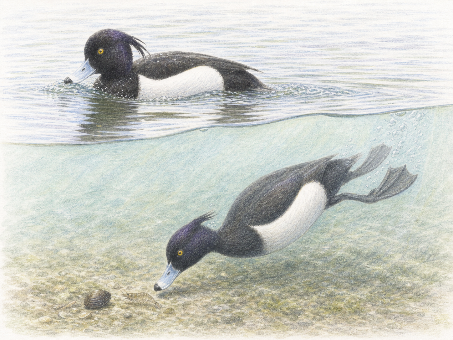水中へ潜り貝やエビを探すキンクロハジロの潜水採餌イラスト