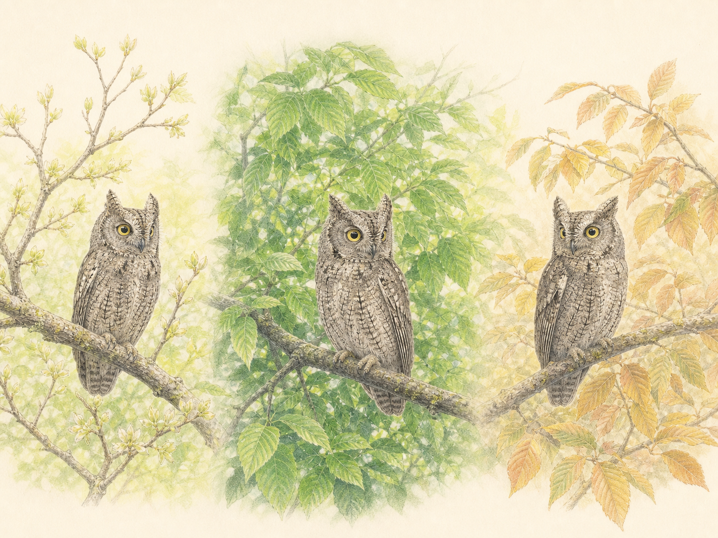 春から夏そして初秋までのコノハズクを描いた季節変化の色鉛筆画