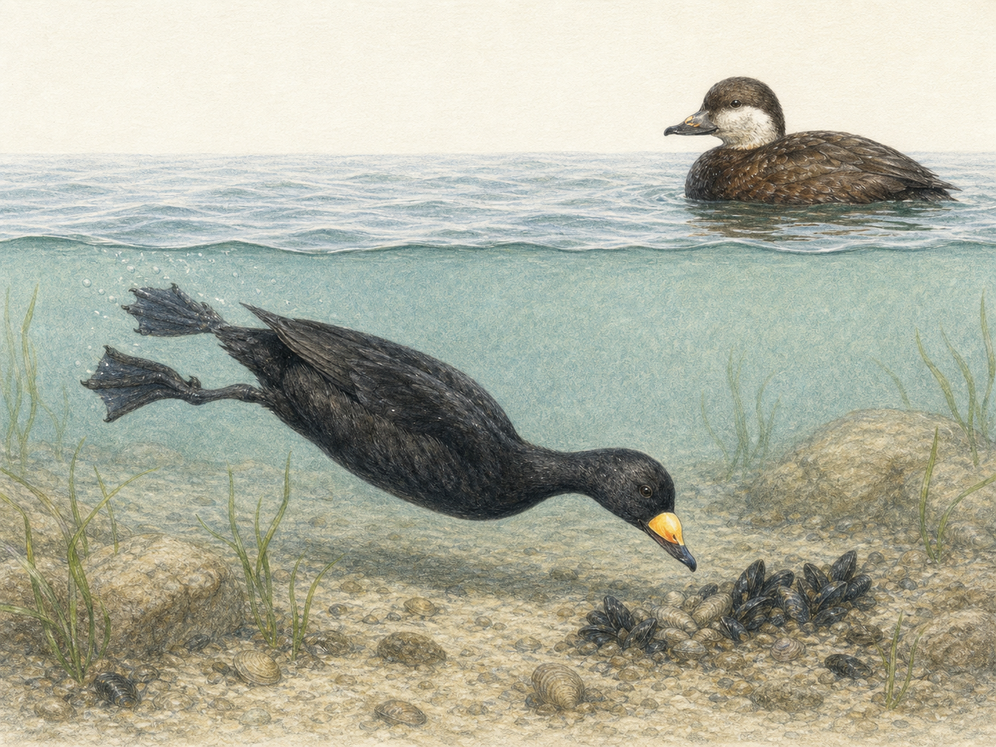 海へ潜ってムール貝や二枚貝を探すクロガモのオス