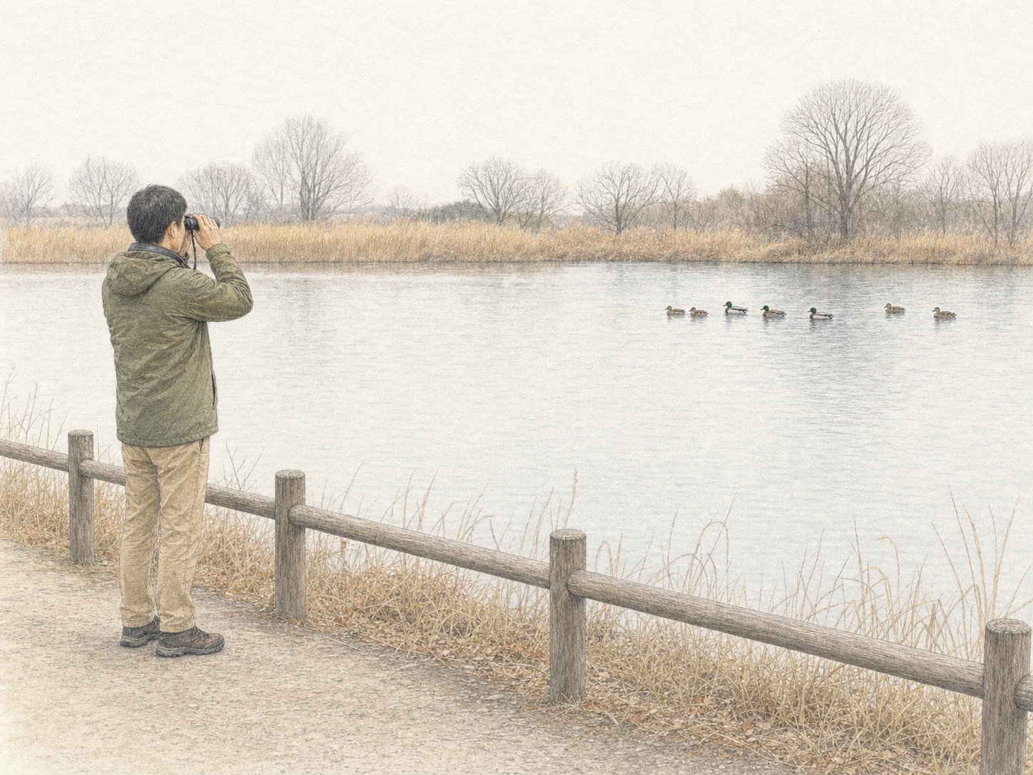 水辺から十分な距離を保って双眼鏡でマガモを観察する人物の色鉛筆画