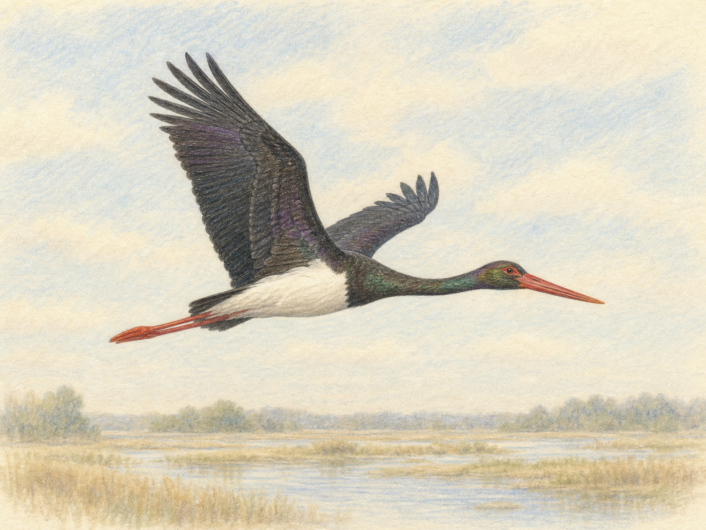 湿地上空を渡るナベコウの飛翔イラスト