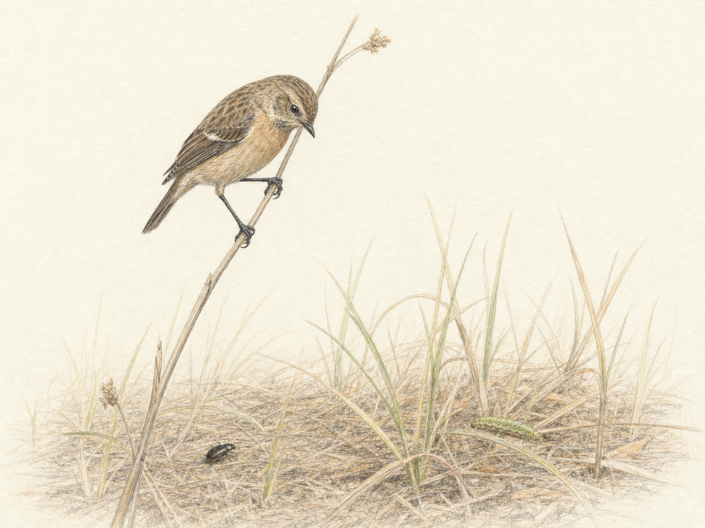 草の茎にとまり地上の昆虫を見つめるノビタキの色鉛筆画