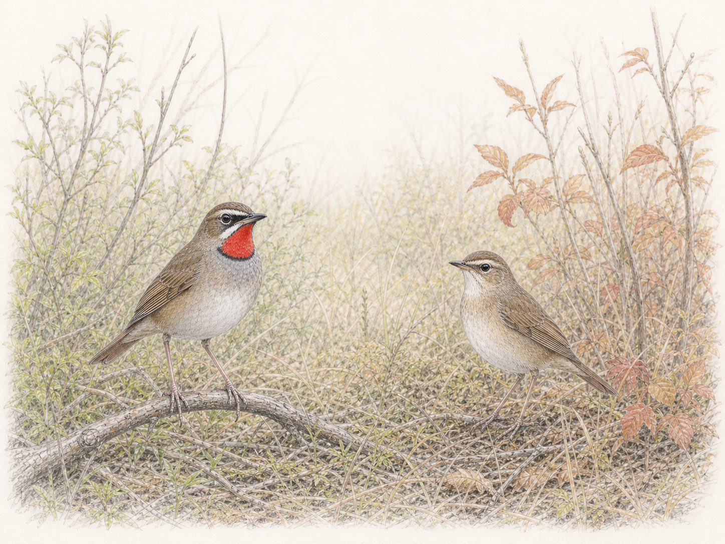春の新緑と秋の草地で見られるノゴマの季節イラスト