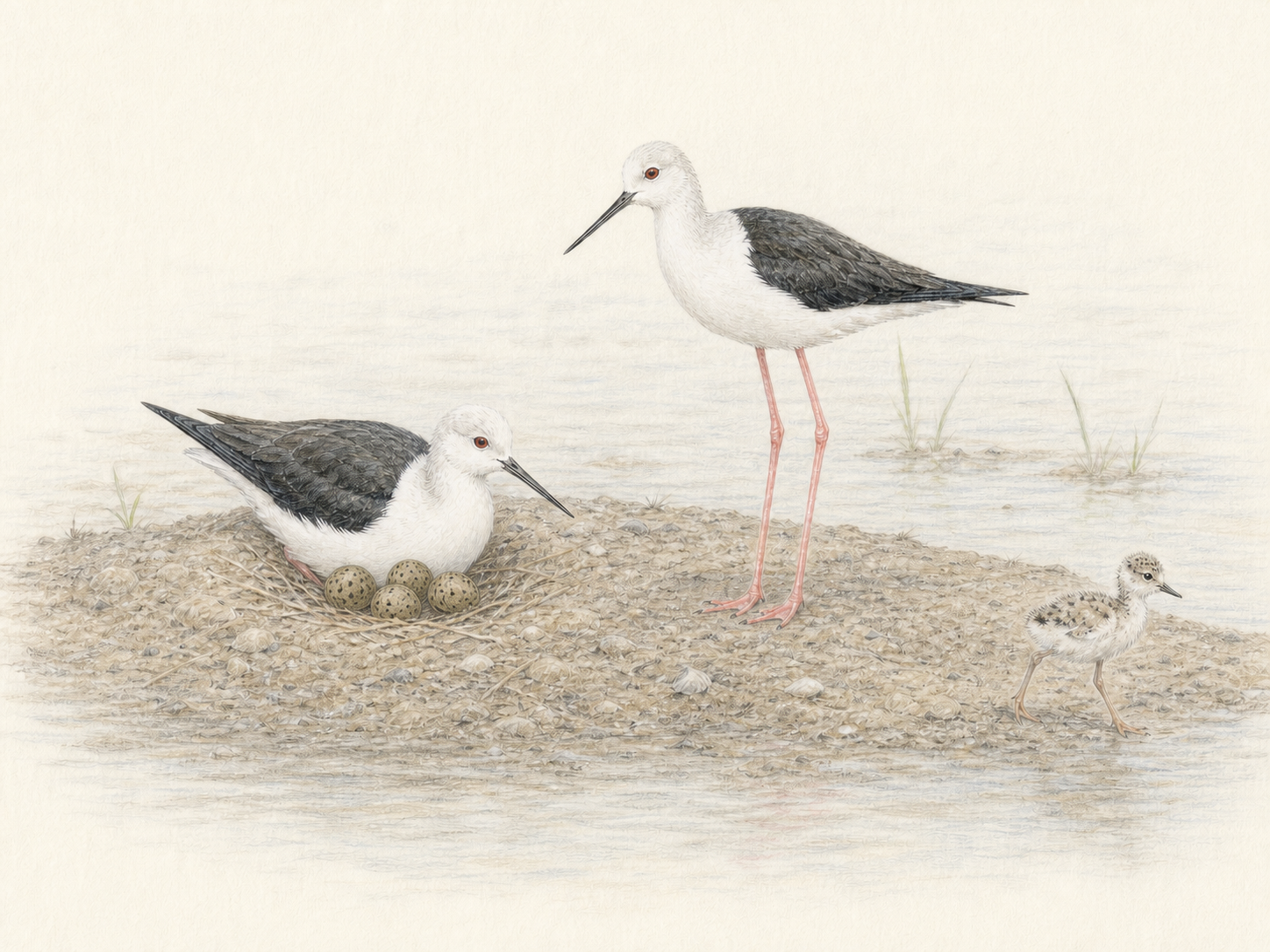 地上の巣と4個の卵、セイタカシギの親鳥とヒナを描いた色鉛筆画