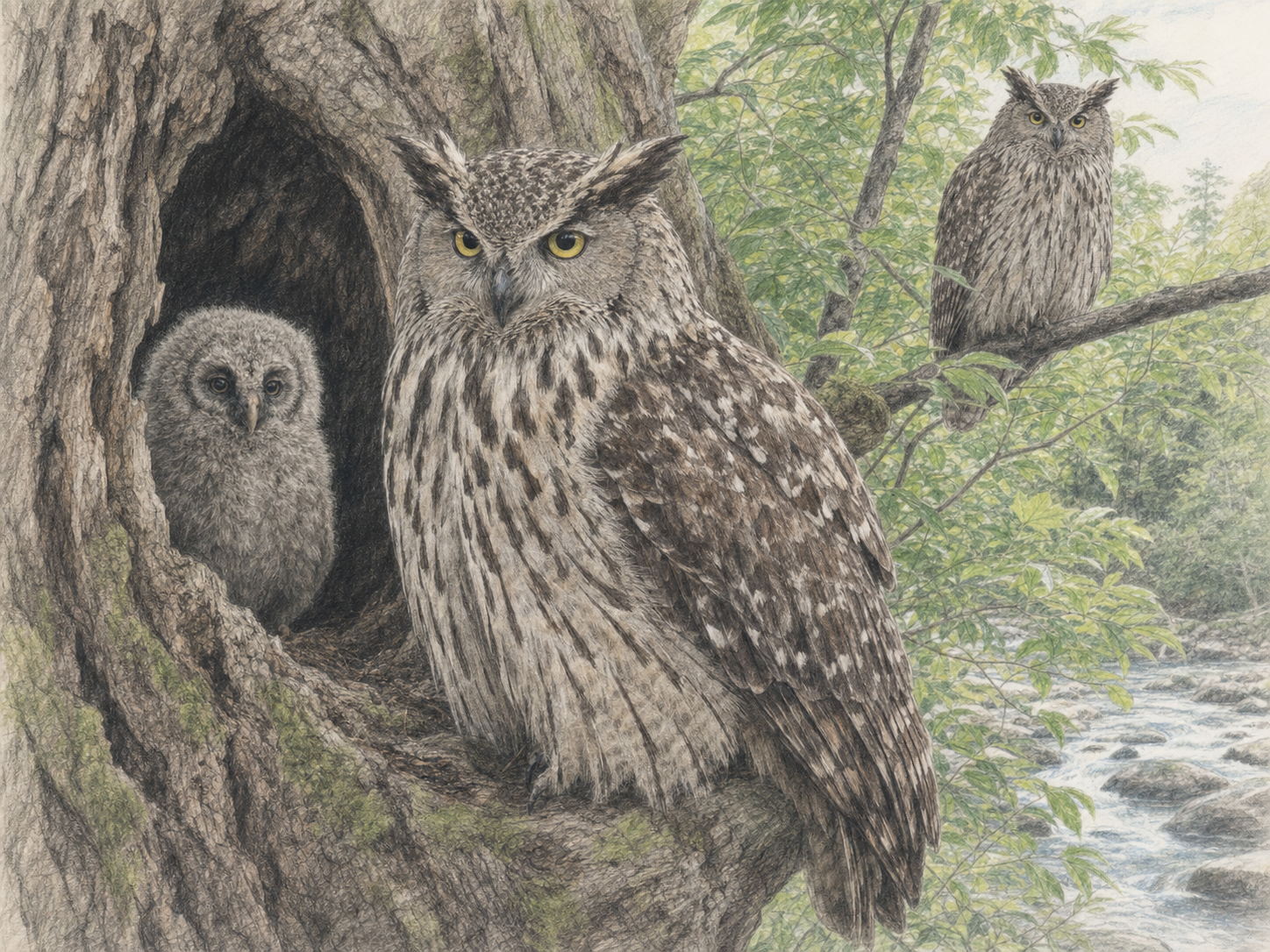 大木の樹洞にいるシマフクロウのひなと親鳥の子育てイラスト