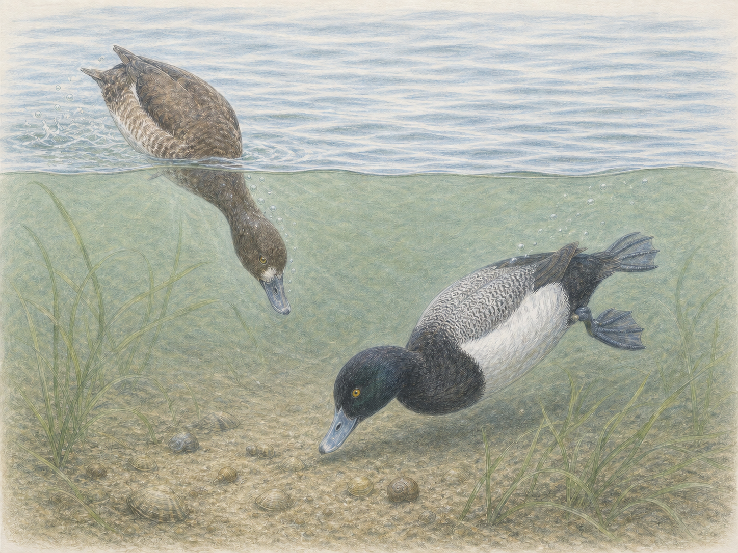 水中へ潜り二枚貝や巻貝を探すスズガモの潜水採餌イラスト