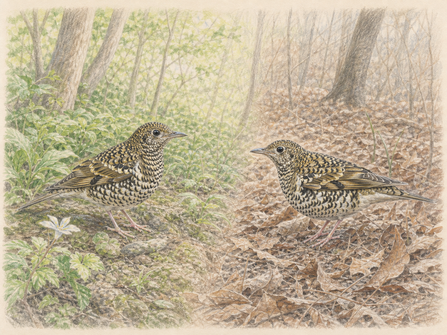 春の山地と冬の低地で見られるトラツグミの季節イラスト