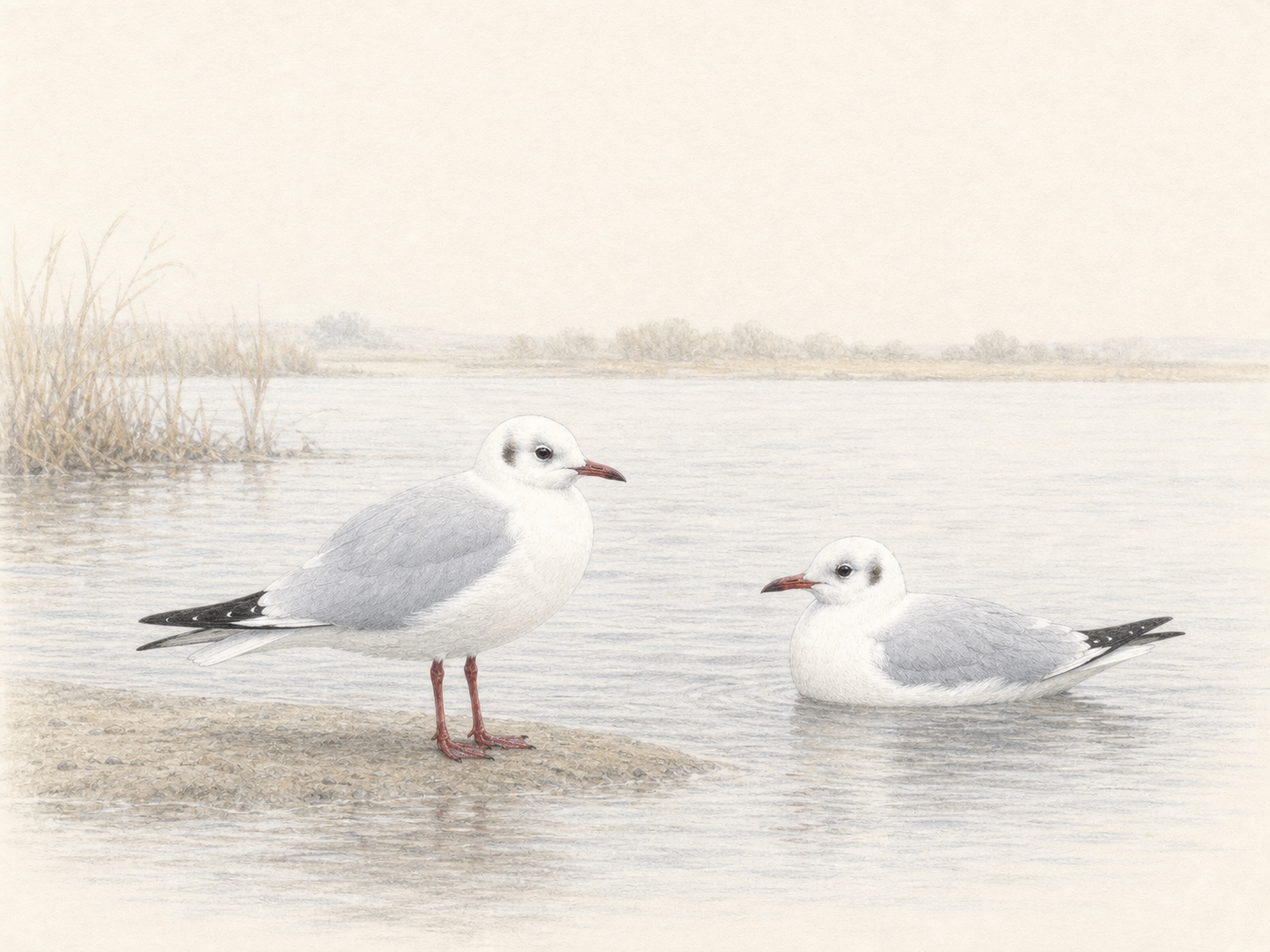 河口の浅瀬と内陸の湖沼で休むユリカモメを描いた横長の図鑑風色鉛筆画