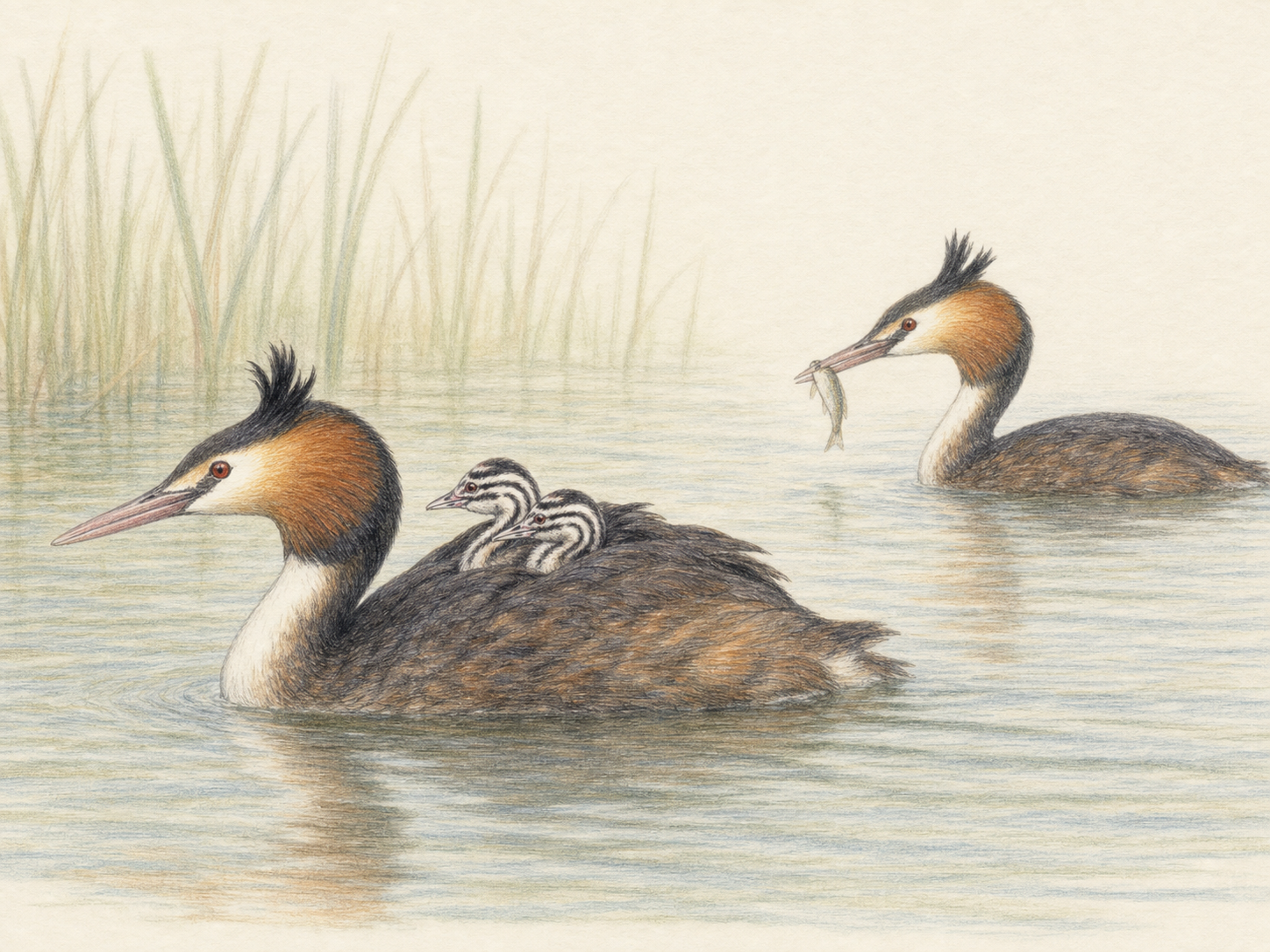 背中にヒナを乗せて泳ぐカンムリカイツブリの親子の色鉛筆画