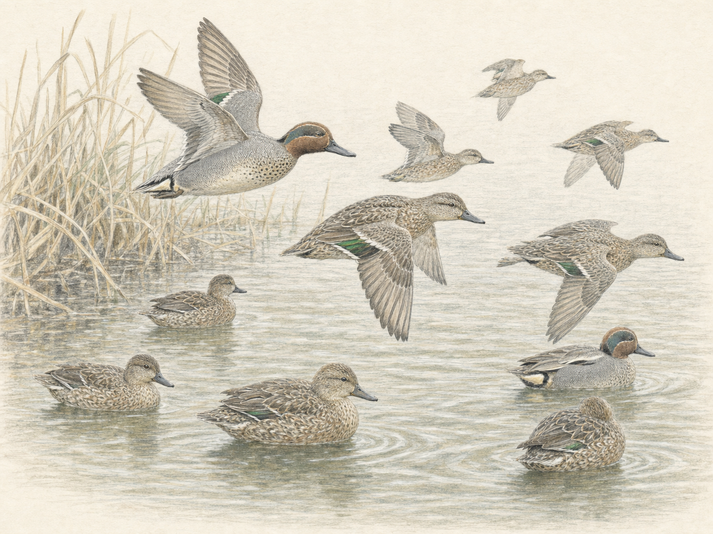 湿地から一斉に飛び立つコガモの群れの色鉛筆画