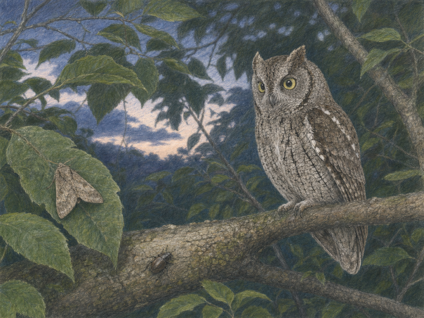 ガや甲虫を狙って枝で待つコノハズクの色鉛筆画