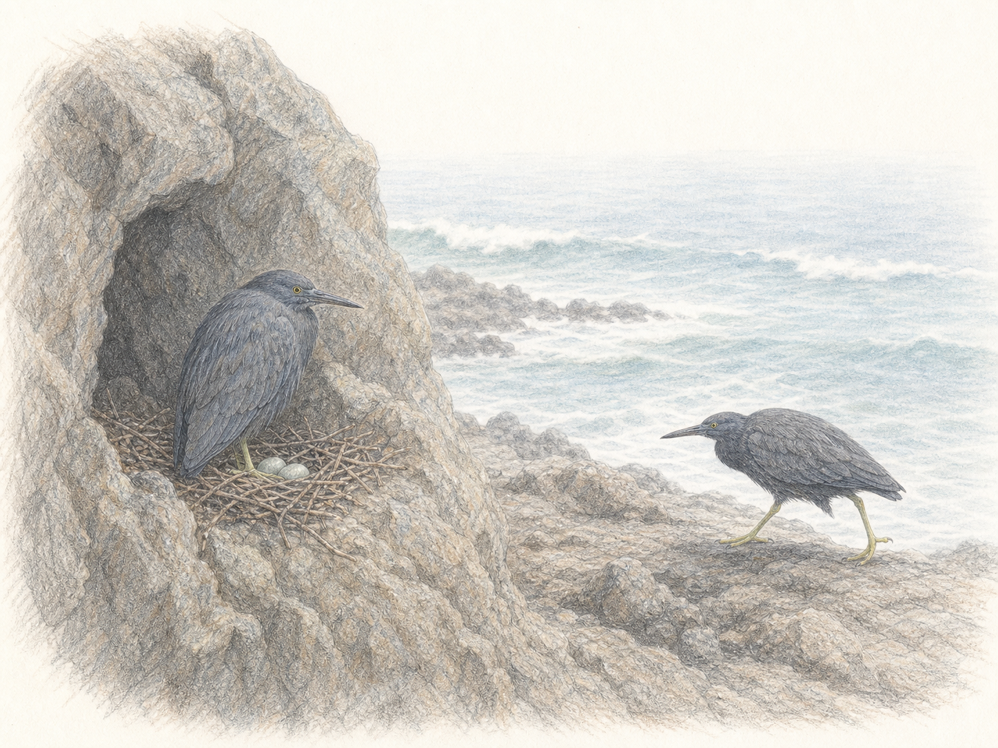 クロサギの繁殖 海岸の岩棚にある巣と親鳥を遠景で描いた図鑑風イラスト